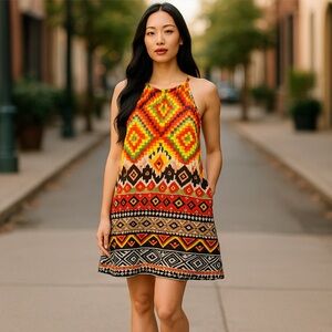 Isle by Melis Kozan Geometric Halter Dress Multicolor Aztec Tribal Boho‎ Chic M